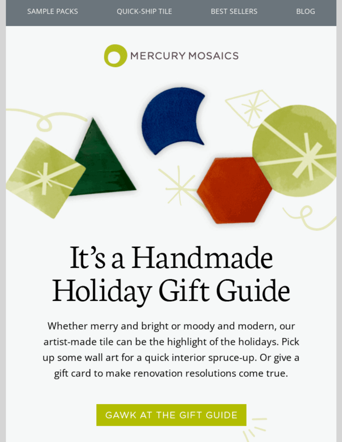 Email showcasing a handmade holiday gift guide with colorful geometric designs, highlighting unique Christmas gifting ideas.
